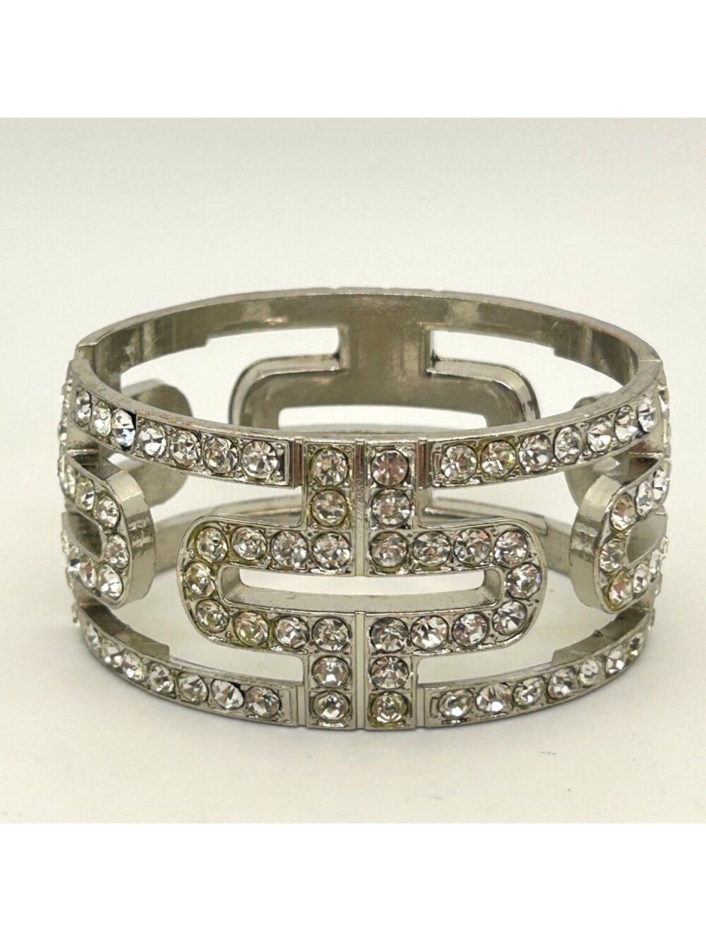 Rhinestone Cuff Bracelet Silver Tone Greek Key Open Geometric Hinged Bangle